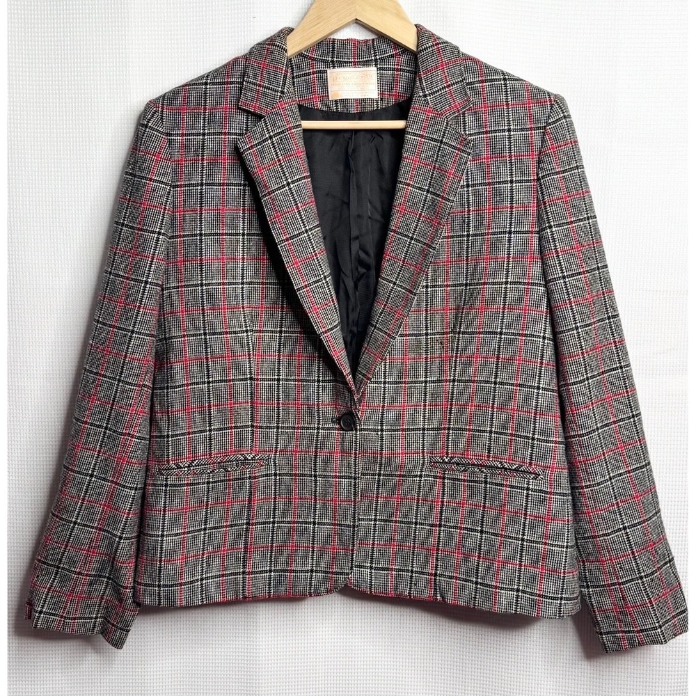 Pendleton Vintage Virgin Wool Plaid Blazer Grey Red USA Made Size 14 Classic
